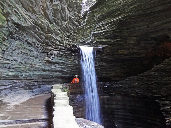 Karen Duquette ready to walk under Cavern Cascade